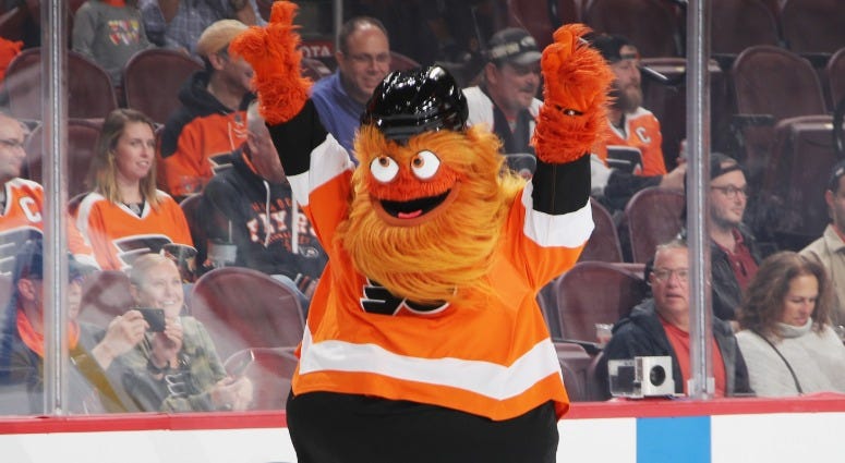 The Philadelphia Flyers mascot Gritty skates between periods of the game against the New York Rangers at the Wells Fargo Center on Sept. 27, 2018 in Philadelphia. Gritty