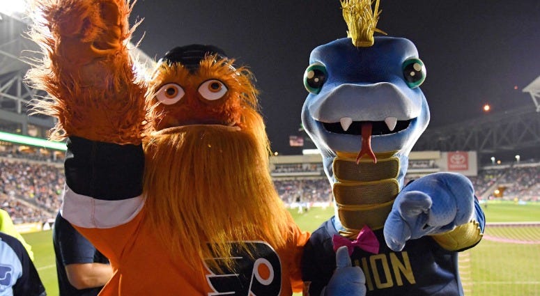 Philadelphia Flyers mascot Gritty and Philadelphia Union mascot Phang during the first half against the Minnesota United at Talen Energy Stadium on Oct. 6, 2018. Gritty and Phang
