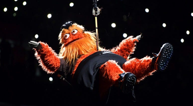 Philadelphia Flyers mascot Gritty drops into the arena before the game against the New York Rangers at Wells Fargo Center on Nov. 23, 2018 in Philadelphia. Gritty