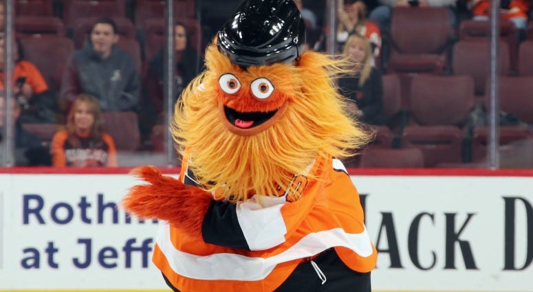 The Philadelphia Flyers mascot Gritty skates between periods of the game against the New York Rangers at the Wells Fargo Center on Sept. 27, 2018 in Philadelphia. Gritty