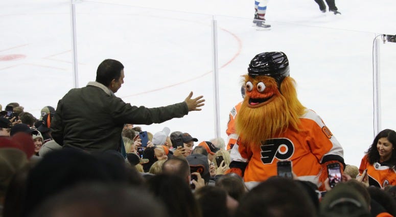 The Philadelphia Flyers mascot Gritty works the crowd during the game against the Colorado Avalanche at the Wells Fargo Center on Oct. 22, 2018 in Philadelphia. Gritty