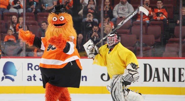 The Philadelphia Flyers mascot Gritty skates between periods of the game against the New York Rangers at the Wells Fargo Center on Sept. 27, 2018 in Philadelphia. Gritty
