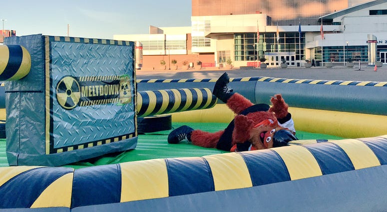 The Philadelphia Flyers mascot Gritty tested an attraction to be used for the 2018 Flyers Wives Carnival. The Philadelphia Flyers mascot Gritty tested an attraction to be used for the 2018 Flyers Wives Carnival.