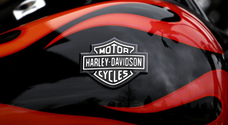 This April 27, 2017, file photo shows the Harley-Davidson name on the gas tank of a bike in Northbrook, Ill. This April 27, 2017, file photo shows the Harley-Davidson name on the gas tank of a bike in Northbrook, Ill.