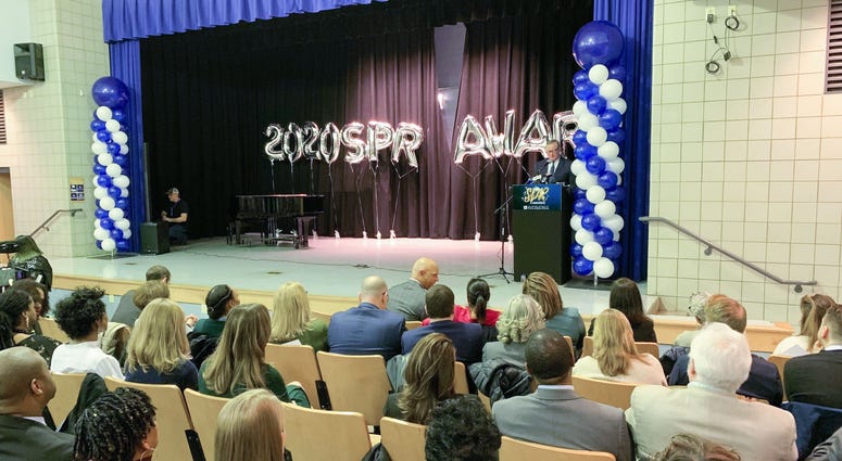Mayor Jim Kenney (at podium) helps celebrate the School District of Philadelphia’s annual progress based on its School Progress Report, Feb. 10, 2020. School Progress Report improvements