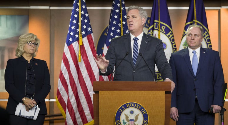 House Minority Leader Kevin McCarthy of Calif., speaks accompanied by House Republican Conference chair Rep. Liz Cheney, R-Wyo., and House Minority Whip Steve Scalise of La., during a news conference on Tuesday, Jan. 15, 2019, in Washington. House Minority Leader Kevin McCarthy of Calif., speaks accompanied by House Republican Conference chair Rep. Liz Cheney, R-Wyo., and House Minority Whip Steve Scalise of La., during a news conference on Tuesday, Jan. 15, 2019, in Washington.