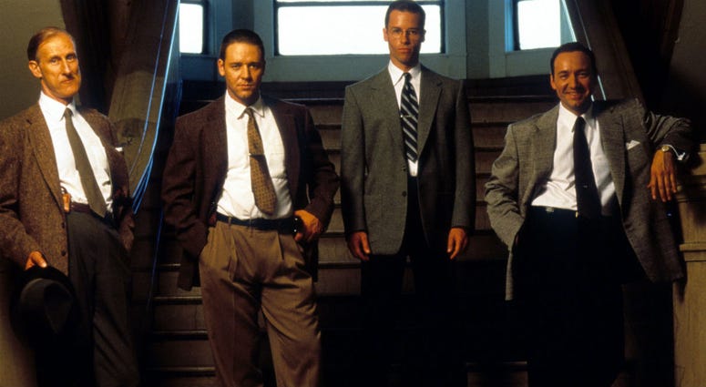 James Cromwell, Russell Crowe, Guy Pearce and Kevin Spacey in publicity portrait for the film 'L.A. Confidential', 1997. Kevin Spacey