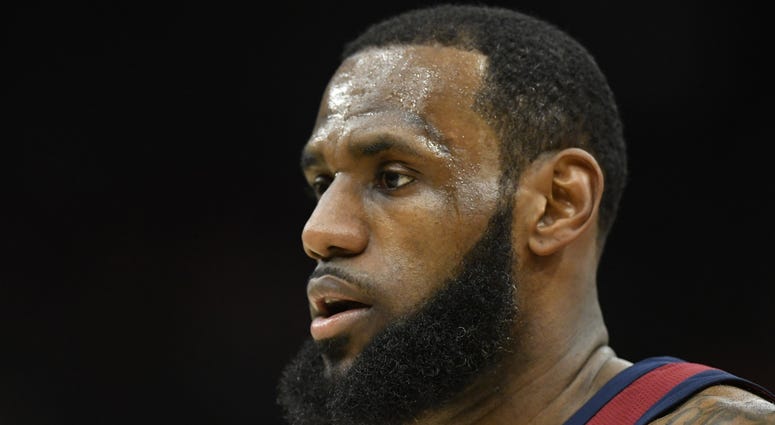Apr 11, 2018; Cleveland, OH, USA; Cleveland Cavaliers forward LeBron James (23) stands on the court in the first quarter against the New York Knicks at Quicken Loans Arena. Apr 11, 2018; Cleveland, OH, USA; Cleveland Cavaliers forward LeBron James (23) stands on the court in the first quarter against the New York Knicks at Quicken Loans Arena.