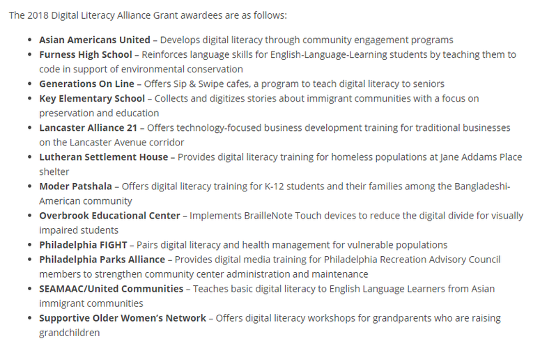 Digital Literacy Alliance grant winners 2018 Digital Literacy Alliance grant winners 2018