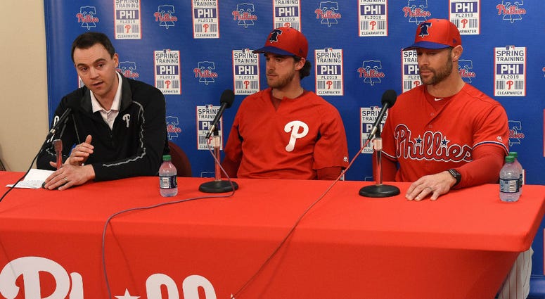 Philadelphia Phillies Vice President and General Manager Matt Klentak , pitcher Aaron Nola, and manager Gabe Kapler talks to the media during spring training at Spectrum Field. Philadelphia Phillies Vice President and General Manager Matt Klentak , pitcher Aaron Nola, and manager Gabe Kapler talks to the media during spring training at Spectrum Field.