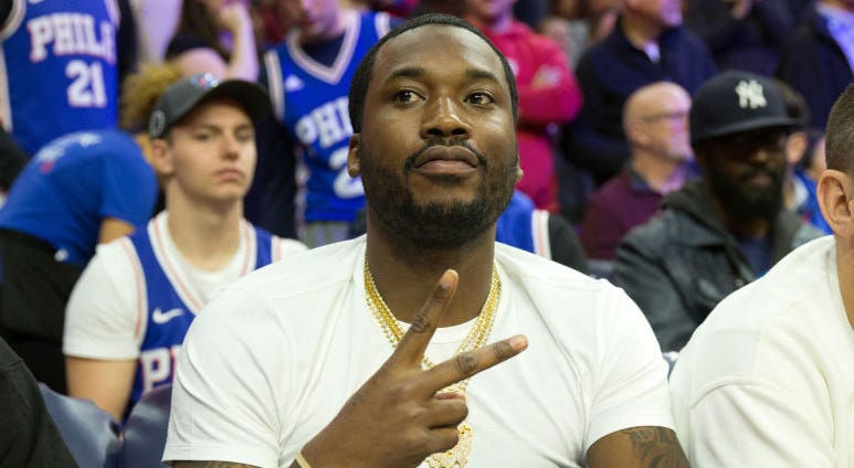 Recording artist Meek Mill during a November 2017 game between the Philadelphia 76ers and the Atlanta Hawks at Wells Fargo Center. Meek Mill