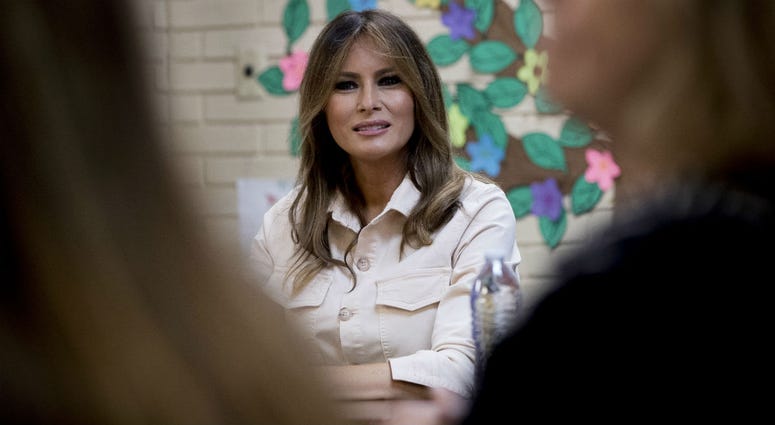 In this June 21, 2018, photo, first lady Melania Trump visits the Upbring New Hope Children Center run by the Lutheran Social Services of the South in McAllen, Texas. In this June 21, 2018, photo, first lady Melania Trump visits the Upbring New Hope Children Center run by the Lutheran Social Services of the South in McAllen, Texas.