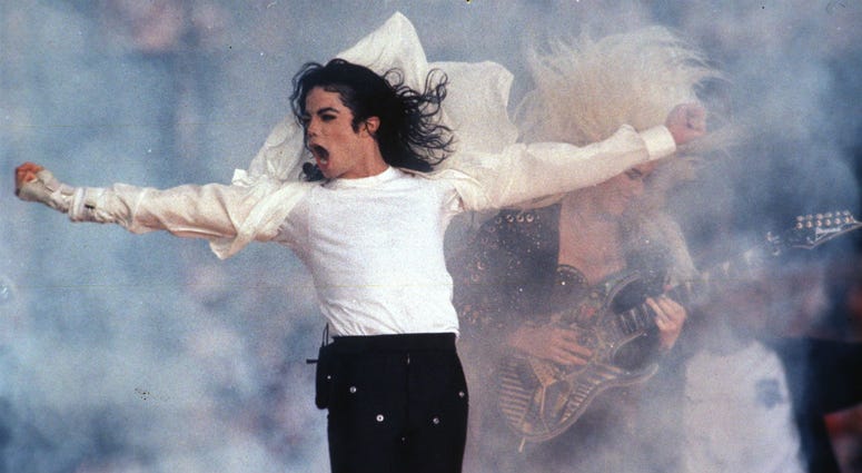 This Feb. 1, 1993 file photo shows Pop superstar Michael Jackson performing during the halftime show at the Super Bowl in Pasadena, Calif. This Feb. 1, 1993 file photo shows Pop superstar Michael Jackson performing during the halftime show at the Super Bowl in Pasadena, Calif.