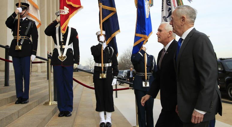Defense Secretary Jim Mattis welcomes Vice President Mike Pence to the Pentagon, Wednesday, Dec. 19, 2018. Defense Secretary Jim Mattis welcomes Vice President Mike Pence to the Pentagon, Wednesday, Dec. 19, 2018.