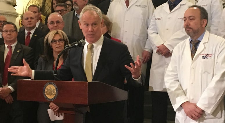 Flanked by doctors, Pa. House Speaker Mike Turzai speaks at the Capitol in Harrisburg. Flanked by doctors, Pa. House Speaker Mike Turzai speaks at the Capitol in Harrisburg.