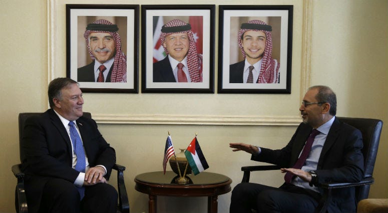 U.S. Secretary of State Mike Pompeo, left, meets with Jordanian Foreign Minister Ayman Safadi in Amman, Jordan, April 30, 2018. U.S. Secretary of State Mike Pompeo with Jordanian Foreign Minister Ayman Safadi