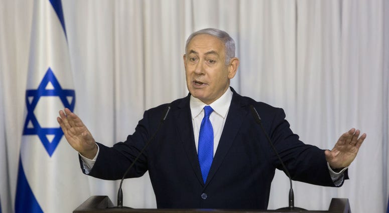 In this Thursday, Feb. 21, 2019 file photo, Israeli Prime Minister Benjamin Netanyahu delivers a statement in Ramat Gan, Israel. In this Thursday, Feb. 21, 2019 file photo, Israeli Prime Minister Benjamin Netanyahu delivers a statement in Ramat Gan, Israel.
