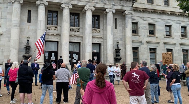 Protesters at Open Up Delco Freedom rally at the Delaware County courthouse Protesters at Open Up Delco Freedom rally at the Delaware County courthouse