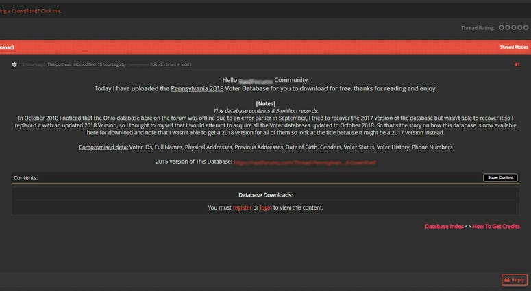 Pennsylvania's voter database is posted to a website that's a favorite of hackers. pa voter database