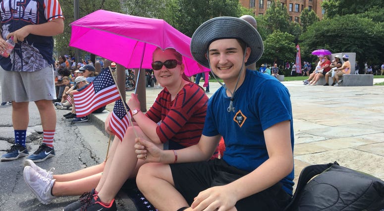 People wait along Independence Mall in Philadelphia for the 2019 Independence Day Parade to start. People wait along Independence Mall in Philadelphia for the 2019 Independence Day Parade to start.