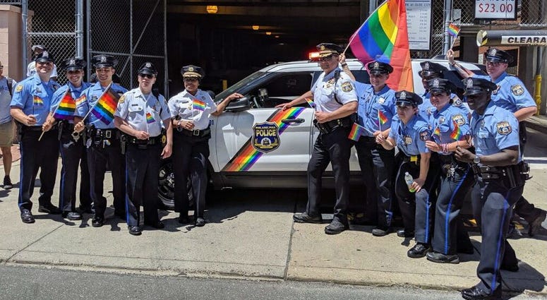 Philadelphia police officers marched in uniform in the 2019 Philadelphia Pride Parade. Philadelphia police officers marched in uniform in the 2019 Philadelphia Pride Parade.