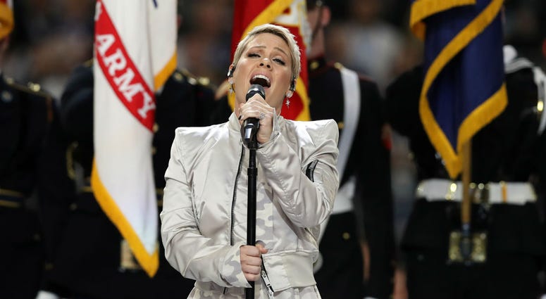 Pink sings the national anthem prior to Super Bowl LII between the New England Patriots and the Philadelphia Eagles at U.S. Bank Stadium in Minneapolis, Feb 4, 2018. Pink sings the national anthem prior to Super Bowl LII between the New England Patriots and the Philadelphia Eagles at U.S. Bank Stadium in Minneapolis, Feb 4, 2018.