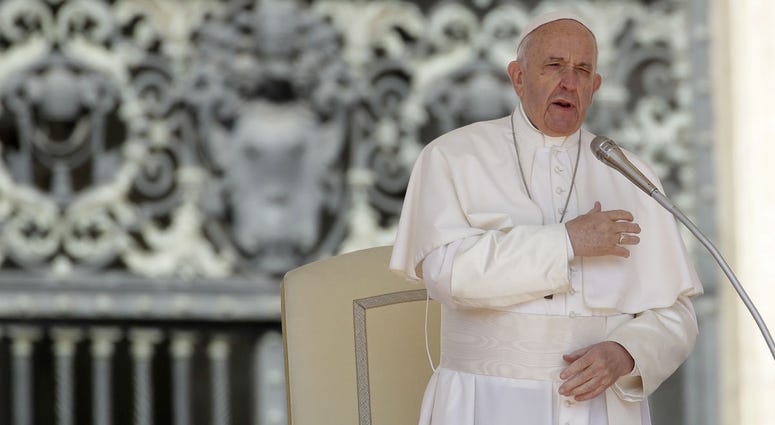Pope Francis does the sign of the cross during his weekly general audience, in St. Peter's Square, at the Vatican, Wednesday, May 8, 2019. Pope Francis does the sign of the cross during his weekly general audience, in St. Peter's Square, at the Vatican, Wednesday, May 8, 2019.