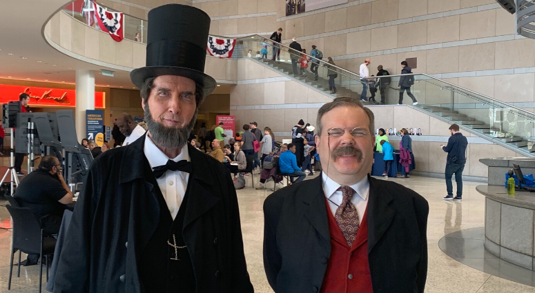 Impersonators of Abraham Lincoln and Teddy Roosevelt educate museum-goers about U.S. election history on Presidents Day 2020 at the National Constitution Center. Presidents Day celebrations at National Constitution Center