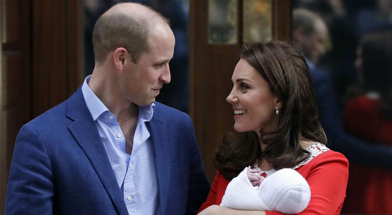 In this Monday, April 23, 2018 file photo, Britain's Prince William and Kate, Duchess of Cambridge pose for a photo with their newborn baby son as they leave the Lindo wing at St Mary's Hospital in London. In this Monday, April 23, 2018 file photo, Britain's Prince William and Kate, Duchess of Cambridge pose for a photo with their newborn baby son as they leave the Lindo wing at St Mary's Hospital in London.