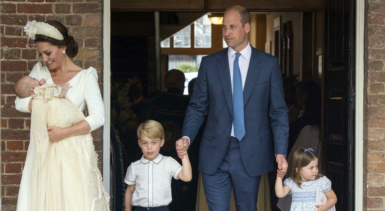 Britain's Prince William and Kate, Duchess of Cambridge with their children Prince George, Princess Charlotte Prince Louis as they arrive for Prince Louis' christening service. Britain's Prince William and Kate, Duchess of Cambridge with their children Prince George, Princess Charlotte Prince Louis as they arrive for Prince Louis' christening service.