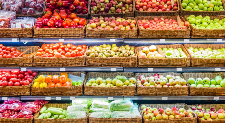 Fresh fruits and vegetables on shelf in supermarket Fresh fruits and vegetables on shelf in supermarket