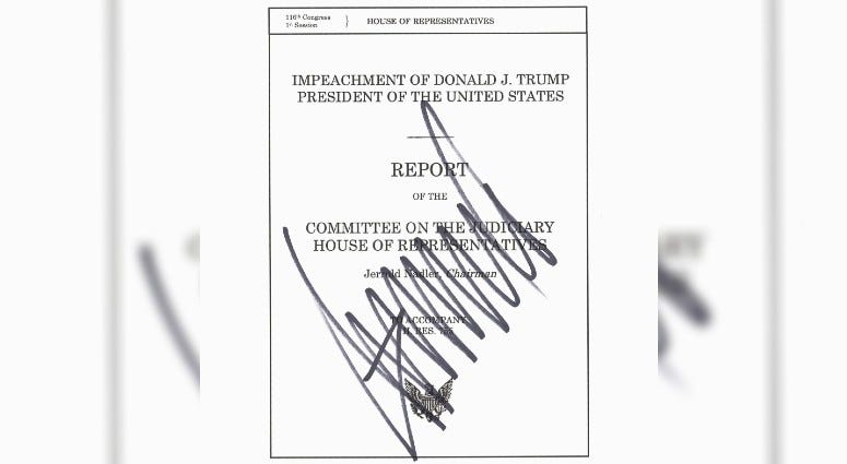 Photo of impeachment report authored by House Democrats, with the president’s signature on the cover page. Photo of impeachment report authored by House Democrats, with the president’s signature on the cover page.