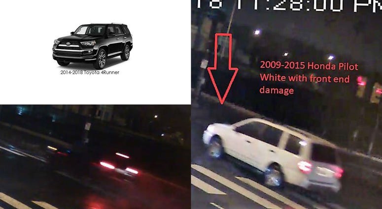 Police are searching for a white 2009-2015 Honda Pilot (left) and a dark 2014-2018 Toyota 4Runner (right). Police are searching for a white 2009-2015 Honda Pilot (left) and a dark 2014-2018 Toyota 4Runner (right).