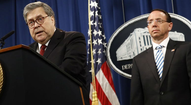 Attorney General William Barr speaks alongside Deputy Attorney General Rod Rosenstein about the release of a redacted version of special counsel Robert Mueller's report during a news conference, Thursday, April 18, 2019. Attorney General William Barr speaks alongside Deputy Attorney General Rod Rosenstein about the release of a redacted version of special counsel Robert Mueller's report during a news conference, Thursday, April 18, 2019.
