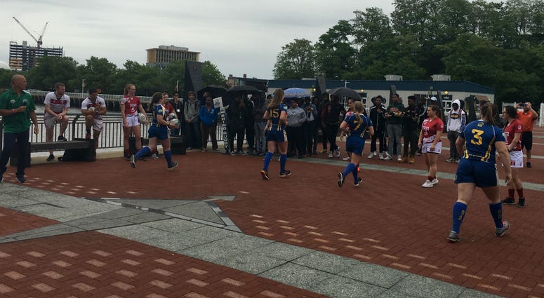 Temple and Drexel women's rugby players demonstrate the sport at the Battleship New Jersey in advance of the 2018 Collegiate Rugby Championships. Temple and Drexel women's rugby players demonstrate the sport at the Battleship New Jersey in advance of the 2018 Collegiate Rugby Championships.
