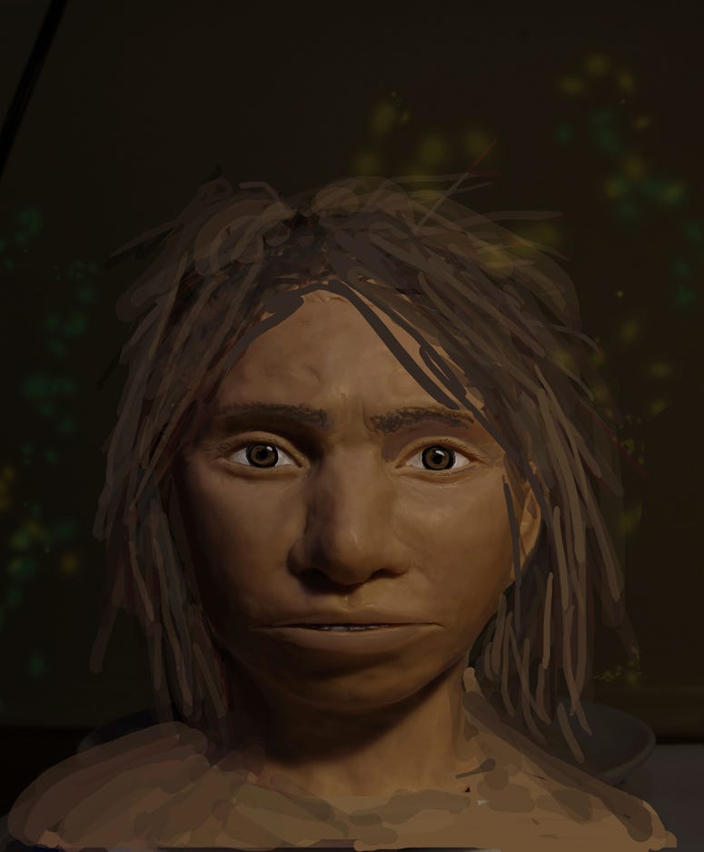 This image shows a preliminary portrait of a juvenile female Denisovan based on a skeletal profile reconstructed from ancient DNA methylation maps. This image shows a preliminary portrait of a juvenile female Denisovan based on a skeletal profile reconstructed from ancient DNA methylation maps.