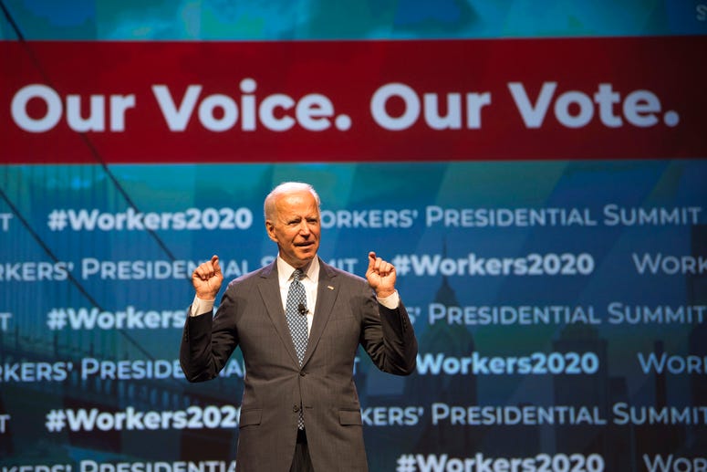 Democratic presidential candidate former Vice President Joe Biden speaks at the first-ever "Workers' Presidential Summit" at the Convention Center in Philadelphia, Sept. 17, 2019. The Philadelphia Council of the AFL-CIO hosted the event. Joe Biden