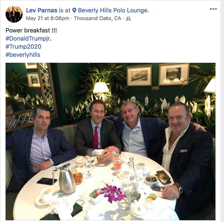 This Facebook screen shot provided by The Campaign Legal Center, shows from left, Donald Trump, Jr., Tommy Hicks, Jr., Lev Parnas and Igor Fruman, posted on May 21, 2018. This Facebook screen shot provided by The Campaign Legal Center, shows from left, Donald Trump, Jr., Tommy Hicks, Jr., Lev Parnas and Igor Fruman, posted on May 21, 2018.