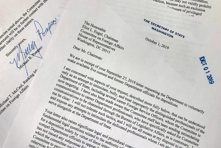Shown is a letter from Secretary of State Mike Pompeo to Rep. Eliot Engel, D-N.Y., Chairman of the House Foreign Affairs Committee, Tuesday, Oct. 1, 2019 in Washington. Shown is a letter from Secretary of State Mike Pompeo to Rep. Eliot Engel, D-N.Y., Chairman of the House Foreign Affairs Committee, Tuesday, Oct. 1, 2019 in Washington.