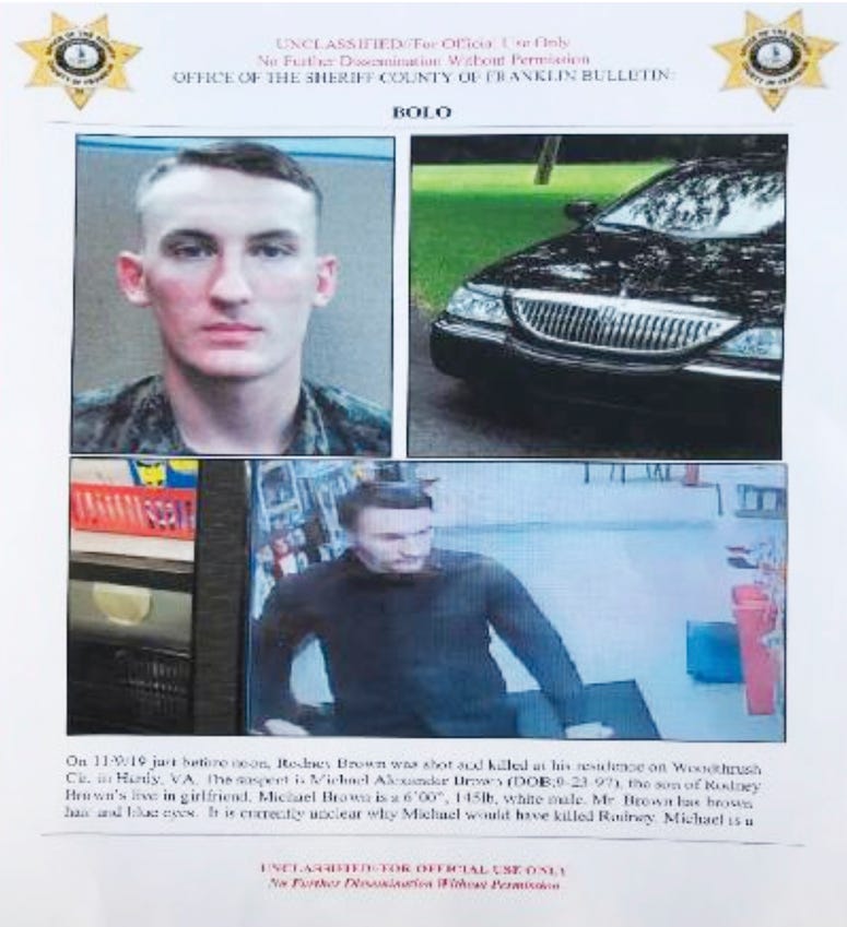 In this undated image released by the Franklin County (Va.) Sheriff's Office, U. S. Marine Michael Alexander Brown is shown. In this undated image released by the Franklin County (Va.) Sheriff's Office, U. S. Marine Michael Alexander Brown is shown.