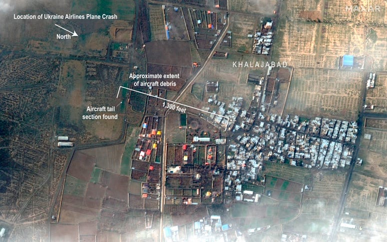 This satellite photo provided by Maxar Technologies on Thursday, Jan. 9, 2020, shows the site where a Ukrainian jetliner crashed late Tuesday near the town of Shahedshahr, Iran, southwest of the capital Tehran. This satellite photo provided by Maxar Technologies on Thursday, Jan. 9, 2020, shows the site where a Ukrainian jetliner crashed late Tuesday near the town of Shahedshahr, Iran, southwest of the capital Tehran.