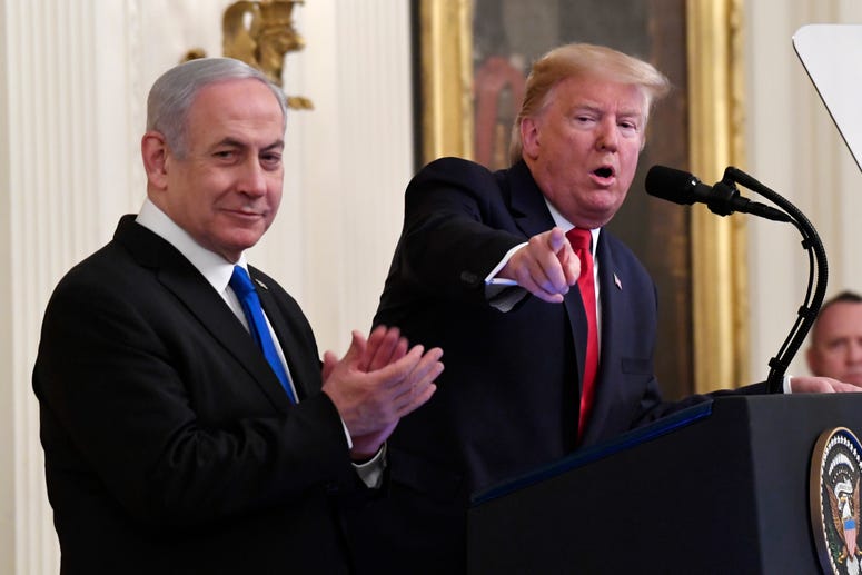 President Donald Trump speaks during an event with Israeli Prime Minister Benjamin Netanyahu in the East Room of the White House in Washington, Jan. 28, 2020. President Donald Trump speaks during an event with Israeli Prime Minister Benjamin Netanyahu in the East Room of the White House in Washington, Jan. 28, 2020.