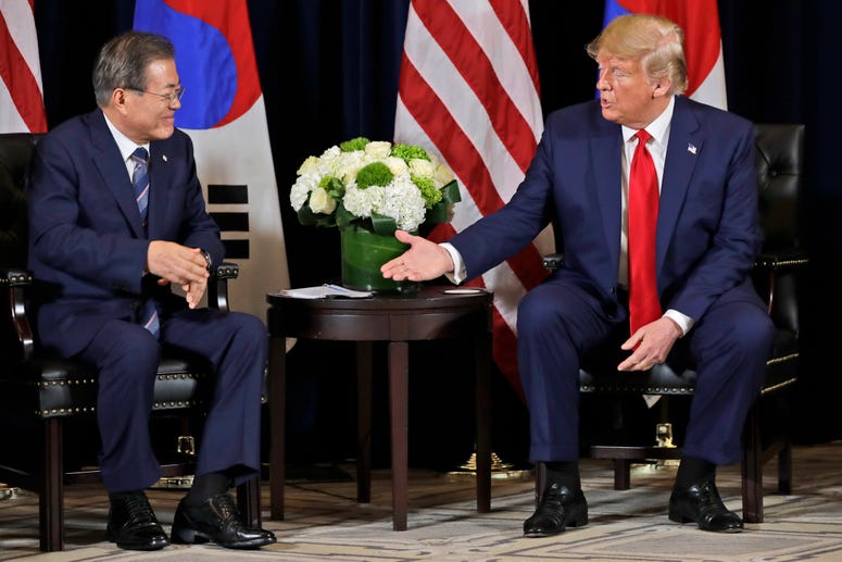 President Donald Trump meets with Korean President Moon Jae-in at the InterContinental Barclay hotel during the United Nations General Assembly, in New York, Sept. 23, 2019. President Donald Trump meets with Korean President Moon Jae-in at the InterContinental Barclay hotel during the United Nations General Assembly, in New York, Sept. 23, 2019.