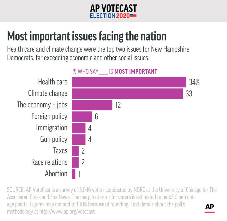 New Hampshire's Democratic voters identify the issue they see as most important in the country today, according to AP VoteCast. New Hampshire's Democratic voters identify the issue they see as most important in the country today, according to AP VoteCast.
