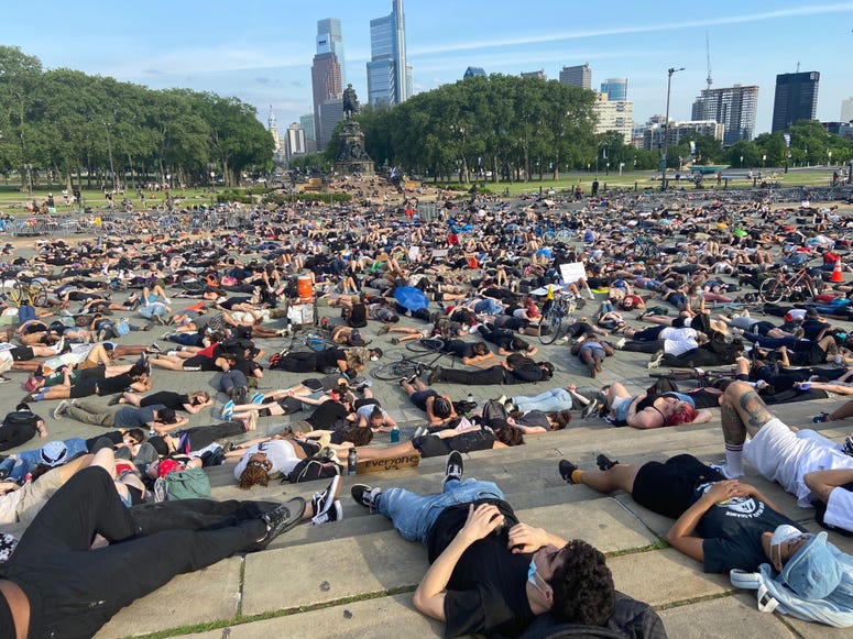 Protesters lying down at the Art Museum steps in honor of George Floyd Protesters lying down at the Art Museum steps in honor of George Floyd