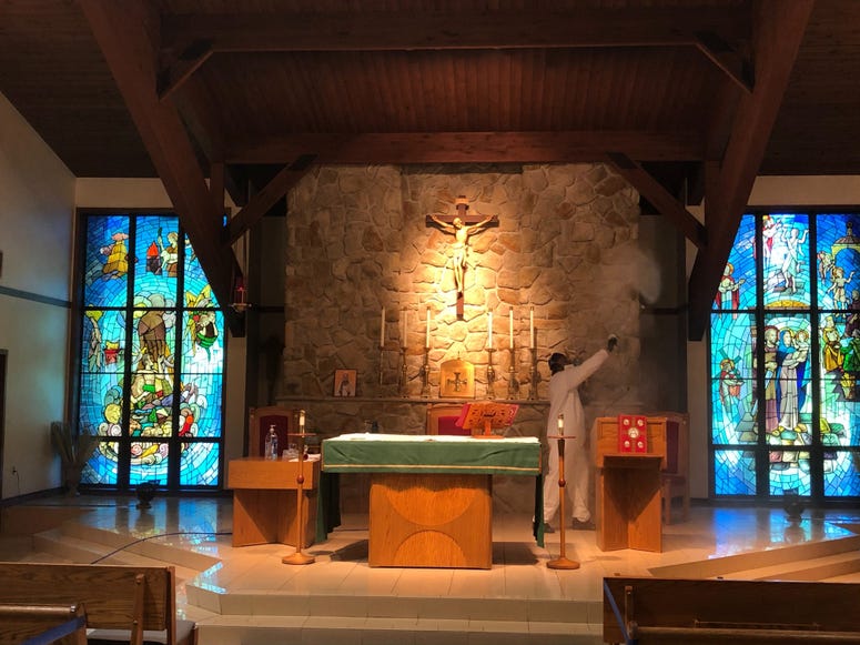 National Restoration wet-fogs a New Jersey church preparing to open after stay-at-home orders are lifted in the state. National Restoration wet-fogs a New Jersey church preparing to open after stay-at-home orders are lifted in the state.