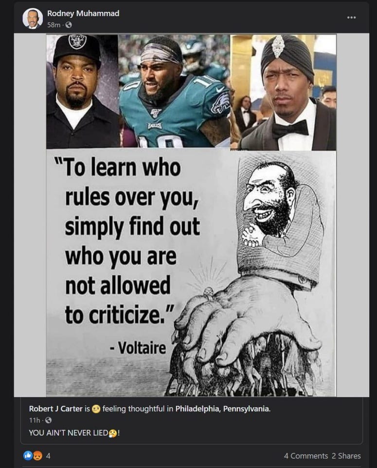 Members of the Philadelphia NAACP and the greater Philadelphia community have voiced frustration over President Rodney Muhammad, after he shared an anti-Semitic meme on Facebook. Rodney Muhammad Facebook post