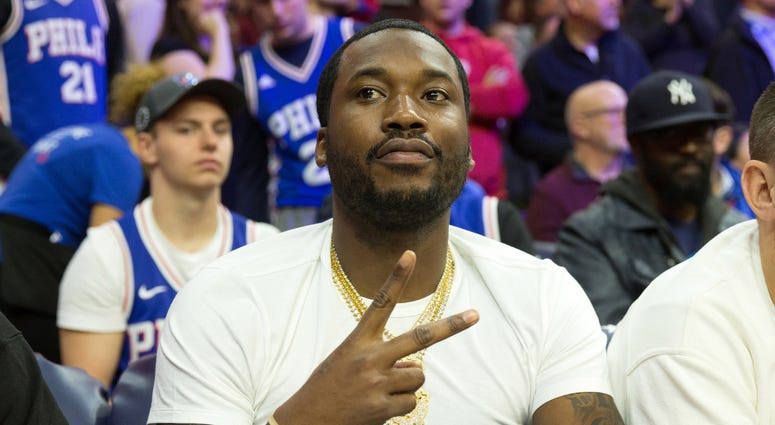 Meek Mill during a game between the Philadelphia 76ers and the Atlanta Hawks. Meek Mill