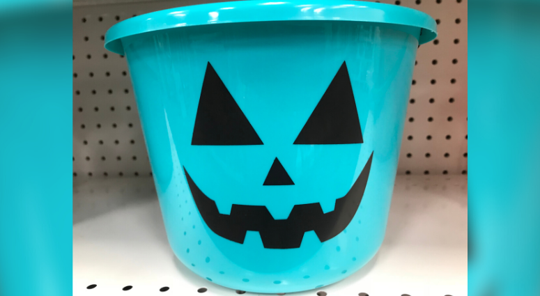 Kids with life-threatening food allergies can go to houses that display teal pumpkins on Halloween, which represent non-food tricks and treats. Teal pumpkin Halloween bucket