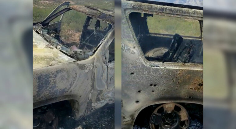 This combination of frames from Nov. 4, 2019, shows two views of a burned-out vehicle that was being used by some members of the LeBaron family as they were driving in a convoy near the Sonora-Chihuahua border in Mexico. Burned-out vehicle